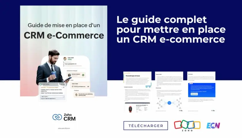 Guide complet pour mettre en place un CRM e-commerce. Illustration d'un homme d'affaires consultant une interface de programme CRM.