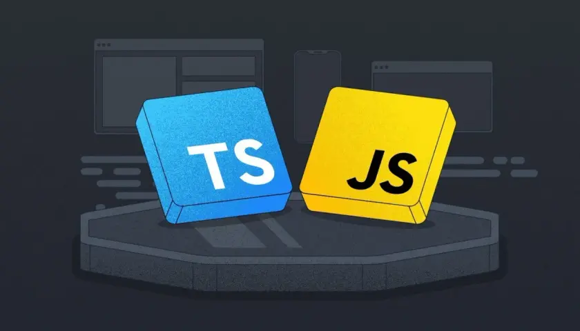 Deux blocs, un bleu "TS" et un jaune "JS", symbolisent les langages de programmation. Un commentaire typescript pourrait expliquer leur relation.