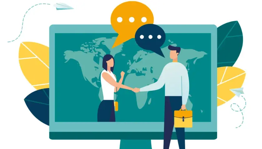 Illustration d'une mise en relation professionnelle réussie, avec deux personnes se serrant la main devant une carte du monde.