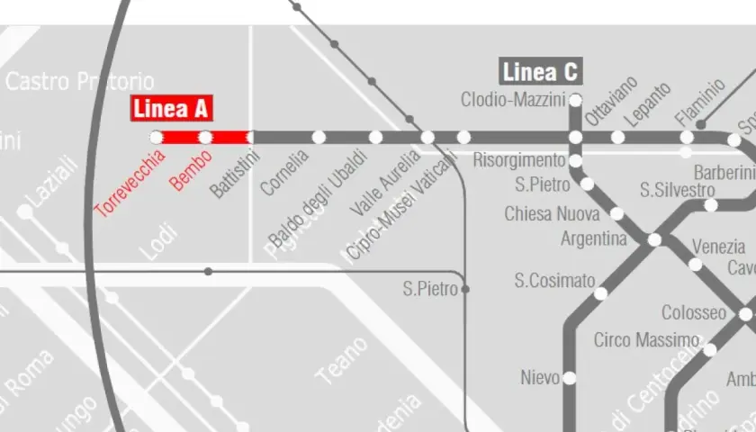Mappa della metro di Roma: la Linea A con le fermate Torrevecchia, Bembo e Battistini.