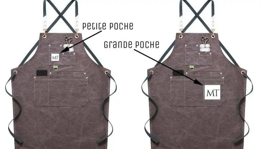 Tablier restaurant personnalisé en toile grise, avec poches et logo MT. Idéal pour un look professionnel et pratique.