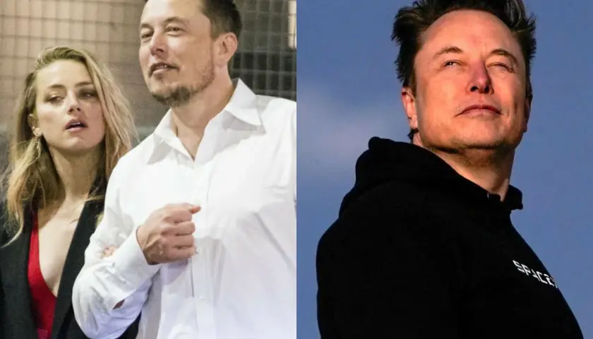 Amber Heard i Elon Musk razem, a obok Elon Musk w bluzie z napisem "SPACE".