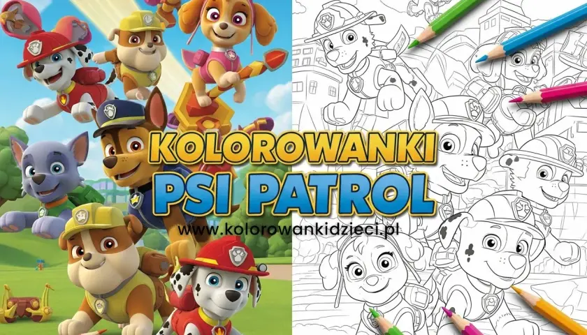 Kolorowanki Psi Patrol: wesołe pieski z bajki czekają na pokolorowanie. Obok kolorowe postacie z Psiego Patrolu.