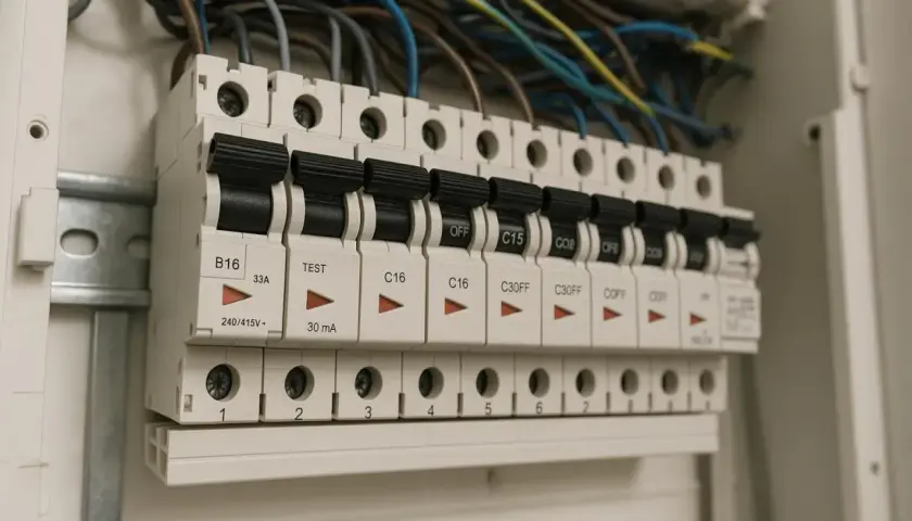 Rozważając, jakie bezpieczniki do domu b czy c, widzimy rząd wyłączników nadprądowych w rozdzielnicy elektrycznej.