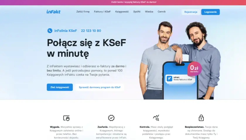 Dwóch mężczyzn na tle strony inFakt. Oferta "Połącz się z KSeF w minutę" z hasłem "intimiti opinie".