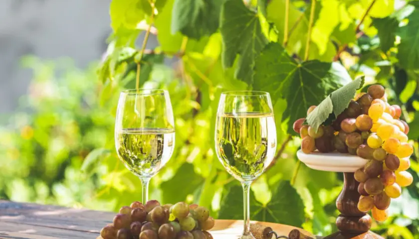 Deux verres de vin blanc frais, des grappes de raisins et un tire-bouchon sur une table en bois, parfait pour une visite à Saint-Émilion.