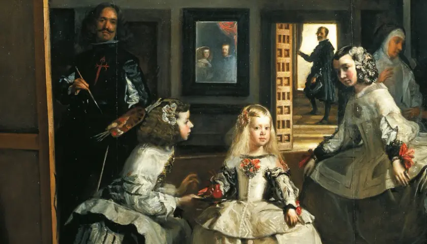 Las Meninas: malarz Velázquez maluje infantkę Małgorzatę Teresę i jej świtę. W lustrze odbijają się królewscy rodzice.