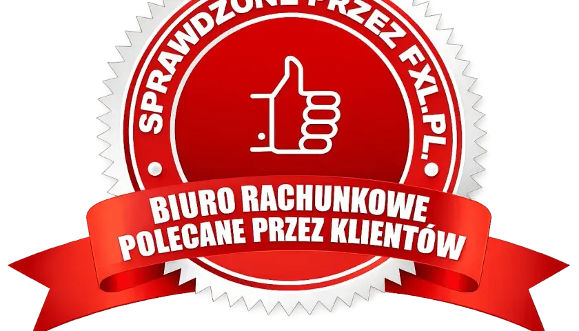 Czerwona pieczęć z kciukiem w górę i napisem "Biuro rachunkowe polecane przez klientów".