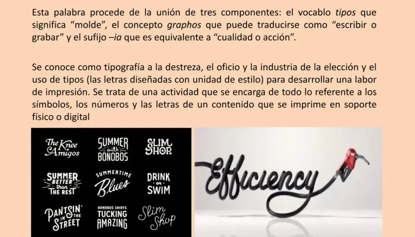 Diseños tipográficos variados, incluyendo el **símbolo y** en "The Knee Amigos". A la derecha, la palabra "Efficiency" formada por una manguera y una boquilla de surtidor.