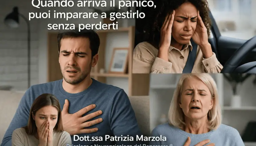 Persone mostrano sintomi di attacchi di panico: respiro affannoso, mani sulle tempie, mani sul petto. Impara a gestirli.