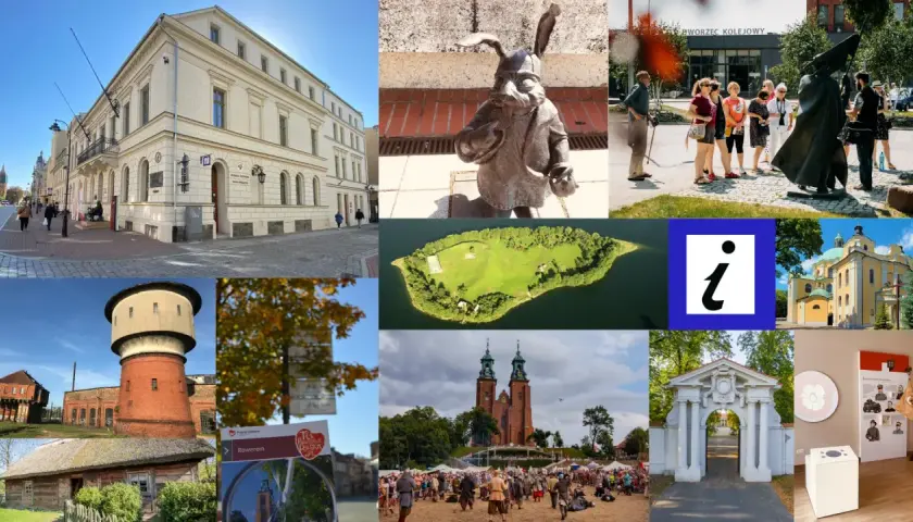 Kolaż zdjęć z Wielkopolski: budynki, pomnik krasnala, wyspa, kościół, zamek, skansen. Odkryj piastowski trakt rowerowy!