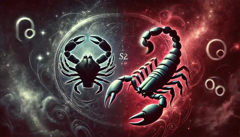 Rak i skorpion, dwa znaki zodiaku, w kosmicznej scenerii. Lewa strona ciemna, prawa ognista.