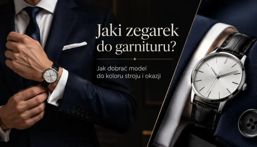 Elegancki mężczyzna w garniturze poprawia mankiet koszuli, prezentując klasyczny zegarek. Dowiedz się, jak nosić zegarek do koszuli, by dopełnić stylizację.