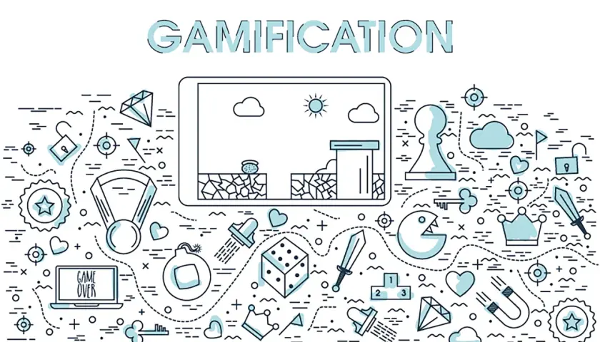 Illustration mit vielen Symbolen wie Diamanten, Würfeln, Herzen, Schlüsseln und einem Schachfiguren-Symbol, die Gamification beispiele darstellen.
