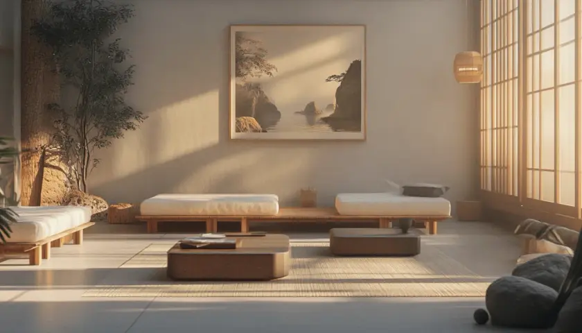 Minimalistisches Wohnzimmer mit niedrigen Holzmöbeln, einem japanischen Wandbild und viel Tageslicht. Perfekte wohnzimmer inspirationen für Ruhe und Entspannung.
