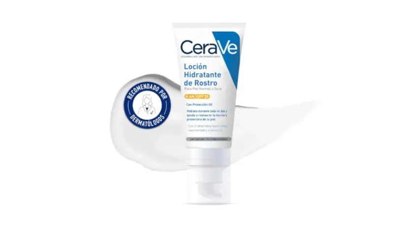 Loción hidratante CeraVe con SPF 50, recomendada por dermatólogos. Sus ceramidas esenciales ayudan a restaurar la barrera de la piel.
