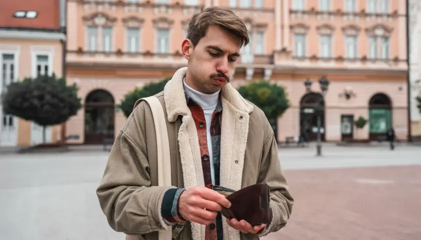 Młody mężczyzna z pustym portfelem w ręku, smutny wyraz twarzy. Inflacja stylu życia dotyka każdego.