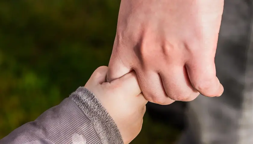Dłoń dorosłego trzyma dłoń dziecka. Symbol wsparcia i bezpieczeństwa, jak w przypadku przedawnienia spadku po rodzicach.