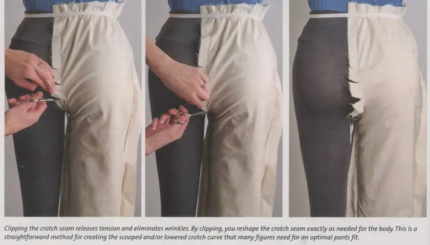 Hands clip the crotch seam of pants to reshape it for a better fit.