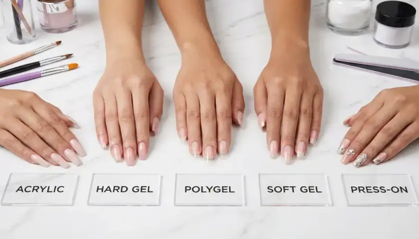 Różne metody przedłużania paznokci: akryl, hard gel, polygel, soft gel, press-on. Wybierz swoją ulubioną, by szybko przedłużyć paznokcie!