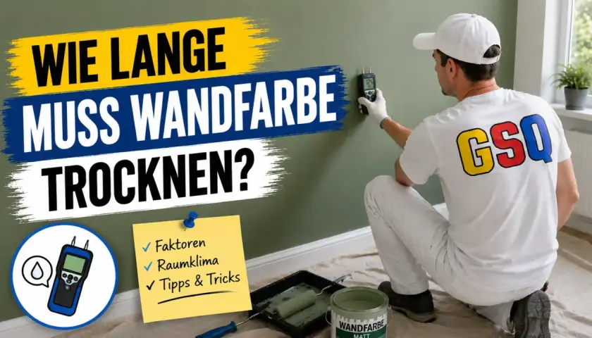 Ein Maler prüft mit einem Messgerät, wie lange Wandfarbe zum Trocknen braucht. Faktoren wie Raumklima und Tipps werden erklärt.