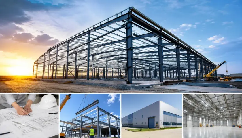 Postęp prac nad projektem hali stalowej: od planów, przez budowę konstrukcji, po gotowy obiekt.