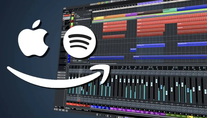 Apple, Spotify, Amazon Logos über einer Musikproduktionssoftware, die für best mastering plugins steht.