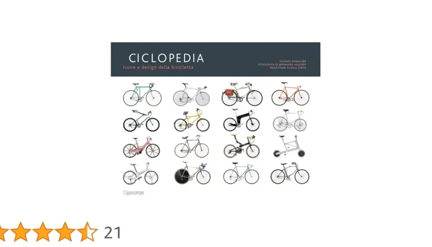 Książka "Ciclopedia" prezentuje ikony i design roweru po włosku. Wiele różnych modeli rowerów, od klasycznych po nowoczesne, ułożonych w siatce.