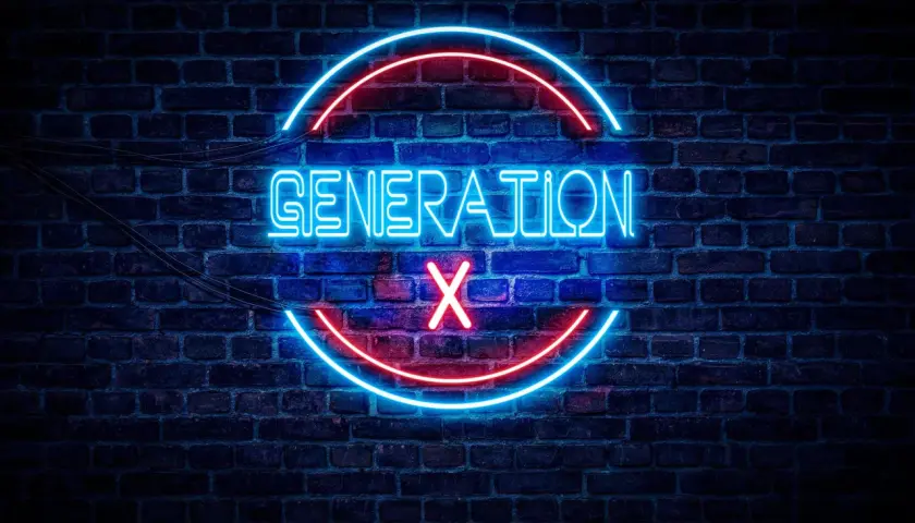 Neon sign on brick wall reads "GENERATION X" with a red X. Thinking about gen x retirement age.
