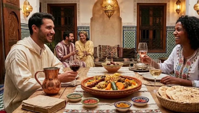 Un groupe d'amis partage un repas festif. Un grand plat de couscous est au centre de la table, accompagné de vin. L'ambiance est joyeuse et conviviale.