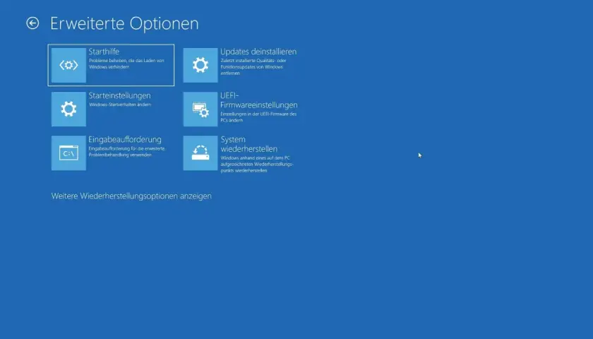 Erweiterte Optionen: Starthilfe, Starteinstellungen, Eingabeaufforderung, Updates deinstallieren, UEFI-Firmwareeinstellungen, System wiederherstellen. Hier können Sie Windows Updates deinstallieren.