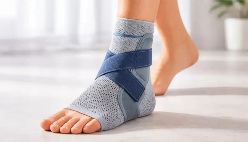 Fuß mit grauem Bandage OSG und blauen Gurten, bereit für Bewegung.
