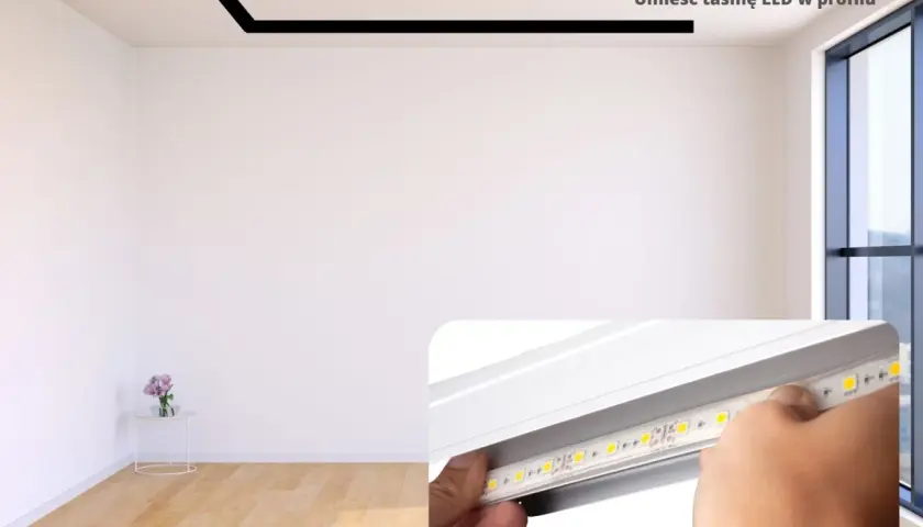 Krok 7: Umieść taśmę LED w profilu. Dłoń wsuwa taśmę LED do aluminiowego profilu, który jest zamontowany na suficie.