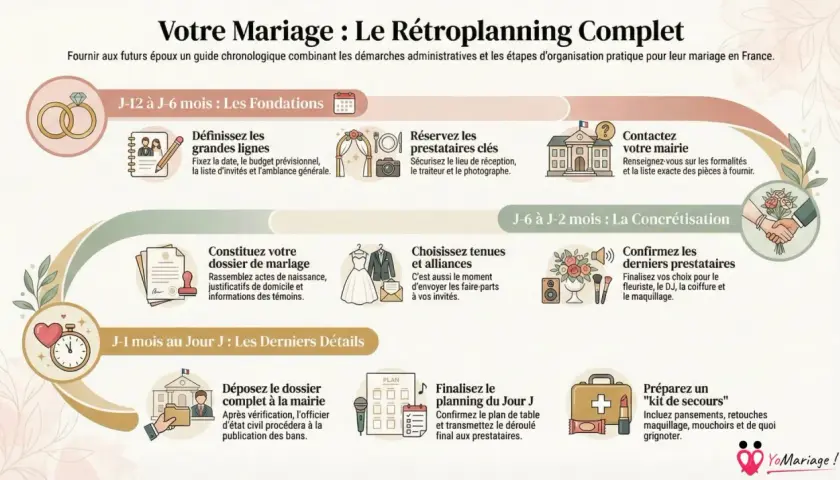 Guide chronologique pour un mariage : du rétroplanning mariage à la préparation du jour J, avec les étapes clés et les tâches à accomplir.