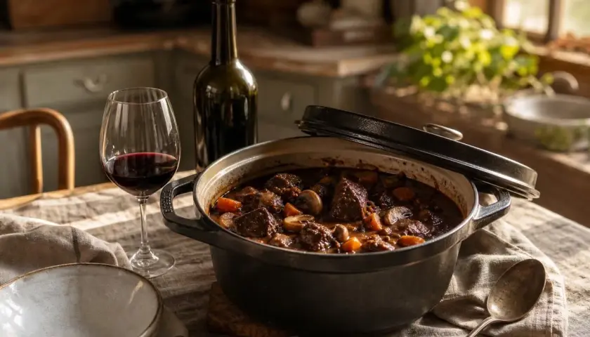 Un plat de bœuf bourguignon mijoté, prêt à être dégusté avec un verre de vin rouge. Quel vin avec un boeuf bourguignon ? Un Pinot Noir, bien sûr !