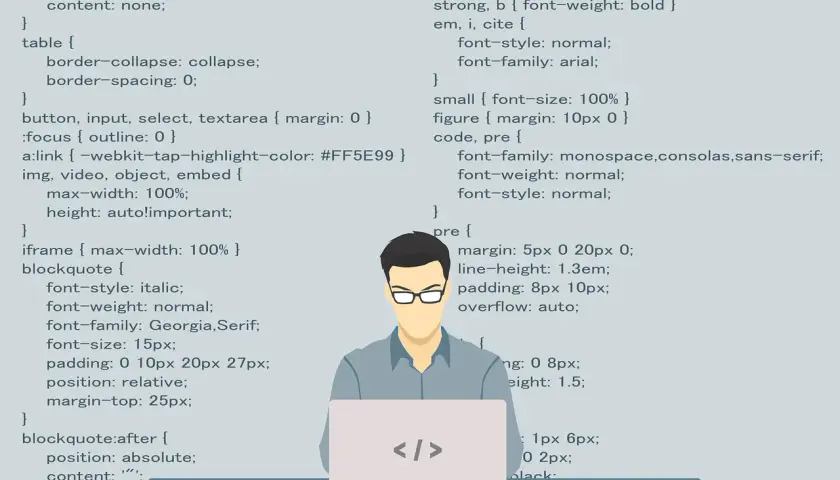Programista przy laptopie, kod CSS na ekranie. Wyszukiwanie na stronie skrót.