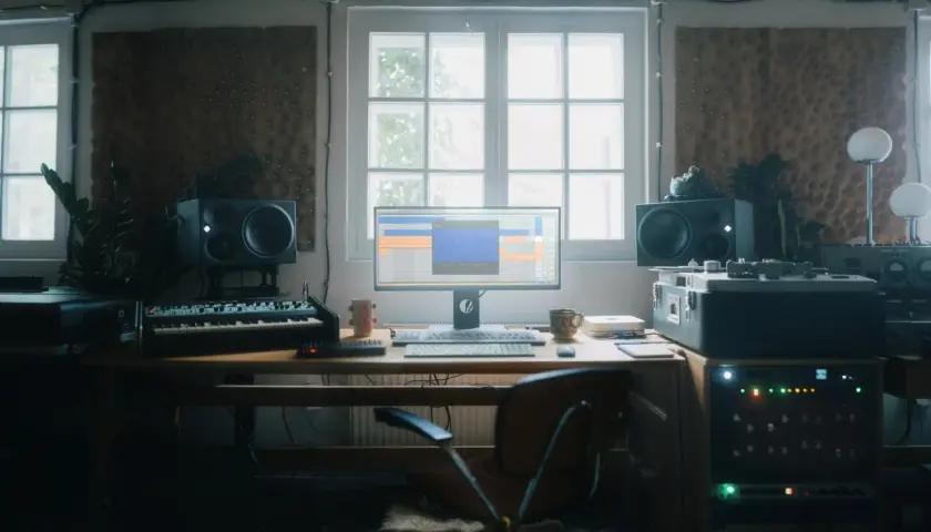 Musikstudio mit Computermonitor, Tastatur, Lautsprechern und Synthesizer. Hier entstehen Klänge mit digitalen und analogen felt instruments.