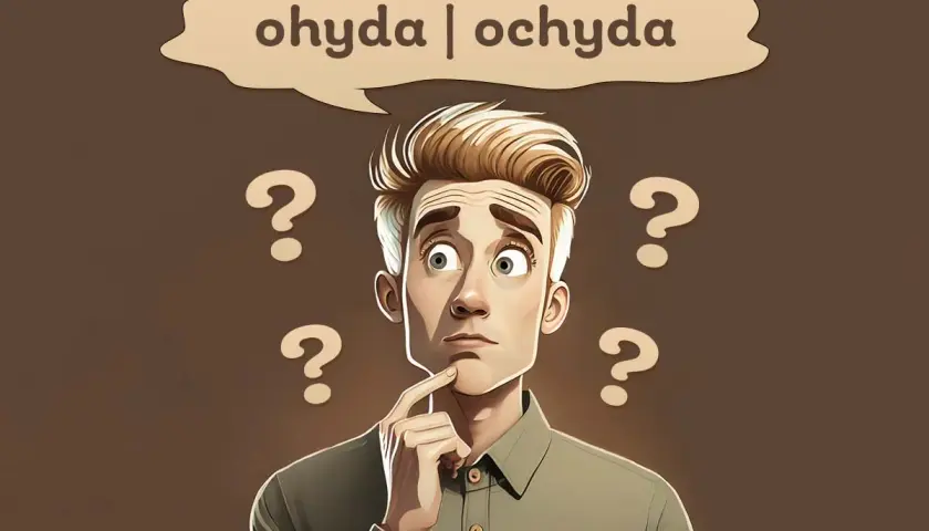 Zastanawia się, czy to ohyda, czy ochyda. Wokół niego unoszą się znaki zapytania, symbolizujące jego wątpliwości.