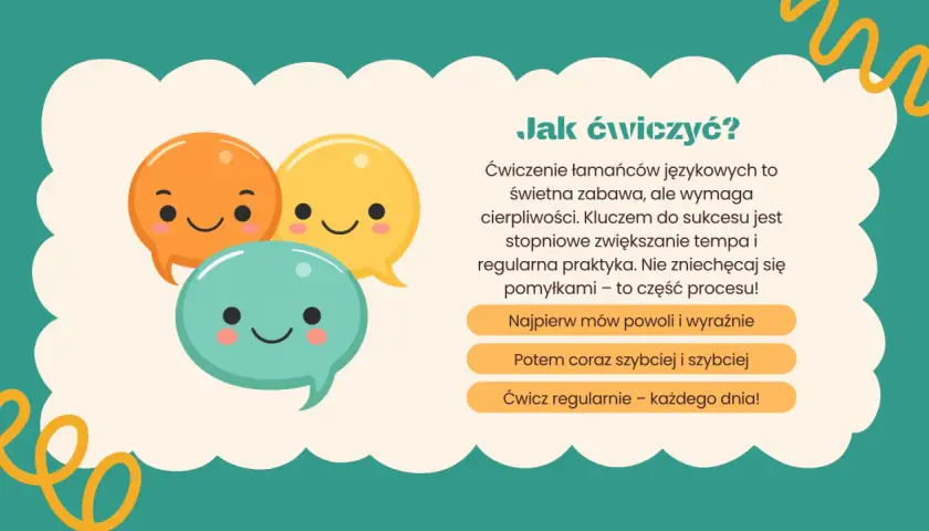 Trzy uśmiechnięte dymki dialogowe, jakby w gąszczu szczawiu we wrzeszczu, zachęcają do ćwiczenia łamańców językowych.
