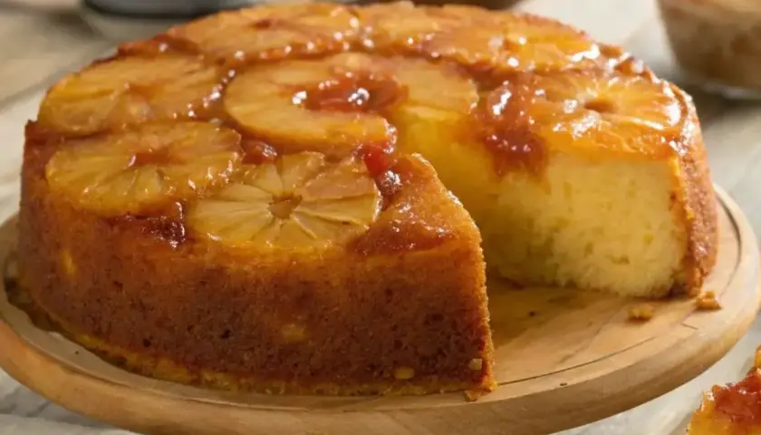 Un délicieux gâteau à l'ananas, renversé et caramélisé, avec une tranche coupée pour révéler sa texture moelleuse.