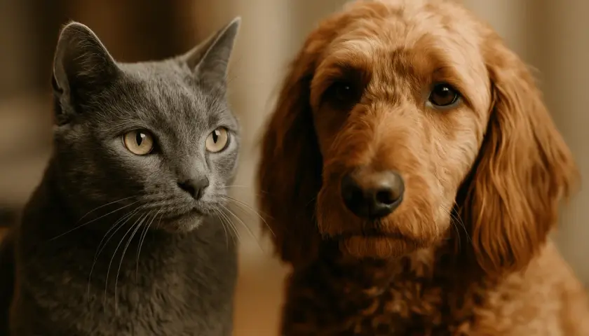 A grey cat and a golden doodle dog look into the camera. They seem to be pondering if cats live longer than dogs.