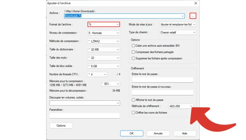 Fenêtre d'ajout d'archive 7z, montrant les options de compression et de chiffrement. L'avantage format archive 7z est sa flexibilité.