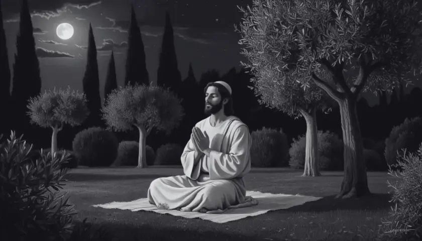 Jesus betet im Mondlicht, um ewiges Leben zu erlangen, wie in Johannes 17:3 beschrieben.