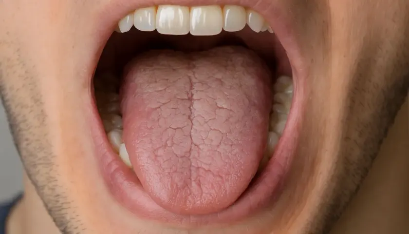 Bocca aperta con lingua che mostra una **lingua asciutta** e screpolata, con denti bianchi visibili.