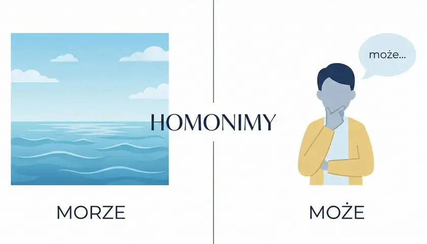 Obrazek ilustruje homonimy: "morze" (woda) i "może" (przypuszczenie).