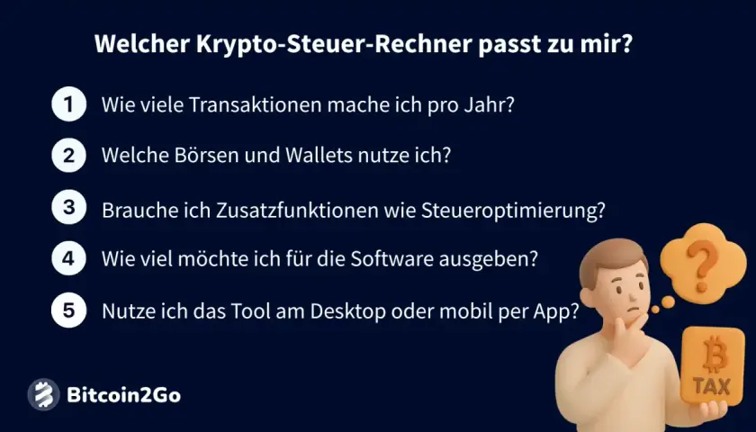 Fragen zur Auswahl der richtigen Krypto-Steuer-App: Transaktionen, Börsen, Wallets, Zusatzfunktionen, Kosten und Nutzung per App oder Desktop.