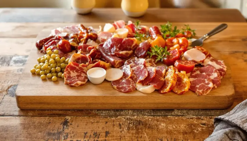 Plateau de charcuterie variée pour une raclette originale, avec différentes viandes, raisins et tomates cerises.