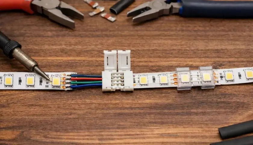 Montaż taśmy LED: lutowanie, złączki i narzędzia. Taśma LED sama się włącza, gdy zostanie poprawnie podłączona.