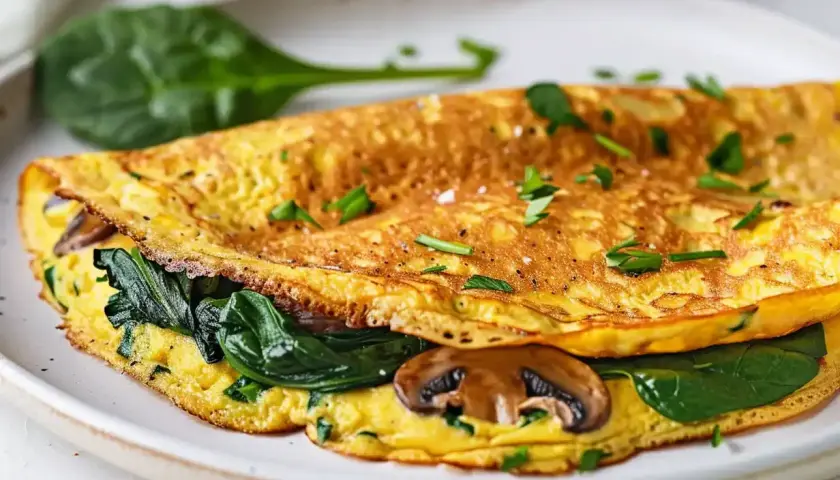 En gyllene omelett fylld med spenat och champinjoner, perfekt för ett snabbt omelett recept.