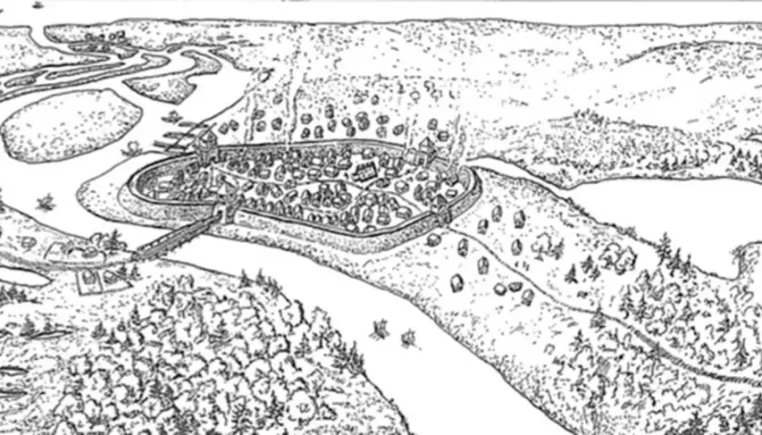 Wczesnośredniowieczny gród, dawny bastion w Kołobrzegu, otoczony wałami, z mostem i rzeką.